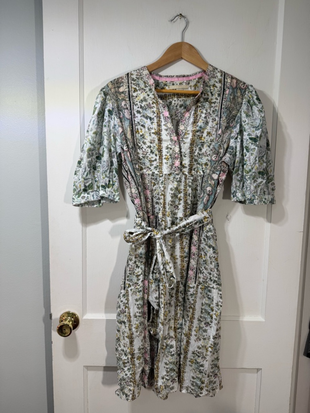 Lola Australia Boho Floral Belted Mini Dress in White, Green & Pink 100% Cotton